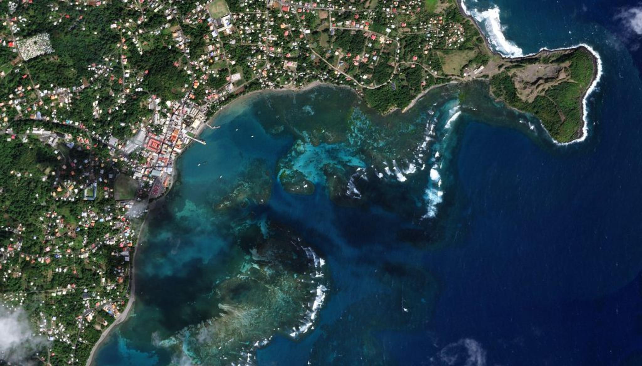 SkySat image of Grenville Bay, Saint Andrew Parish, Grenada showing increased details on seagrasses in the region taken February 21, 2023.