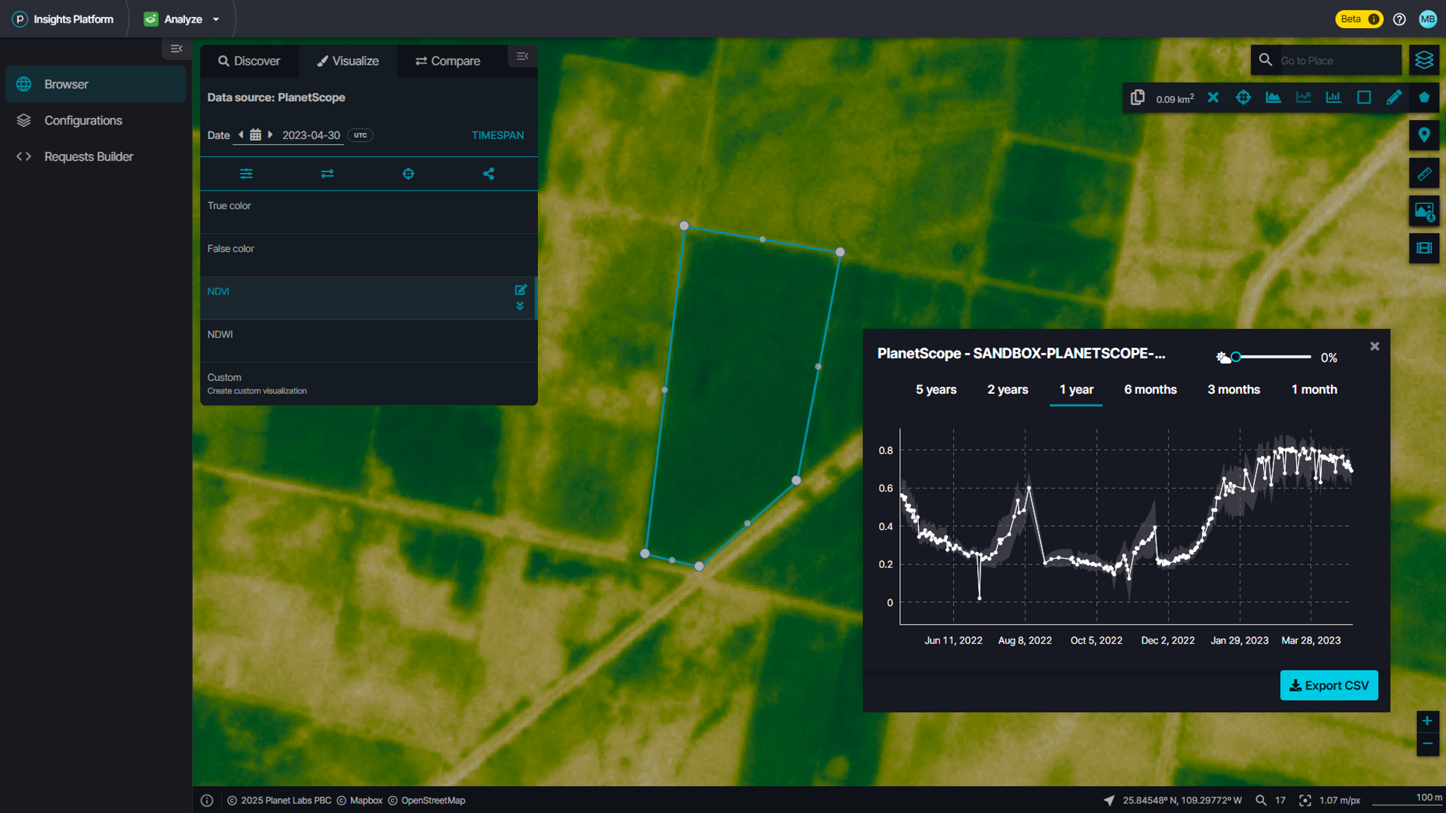 Normalized Difference Vegetation Index (NDVI) time series being generated through Planet Insights Platform.


